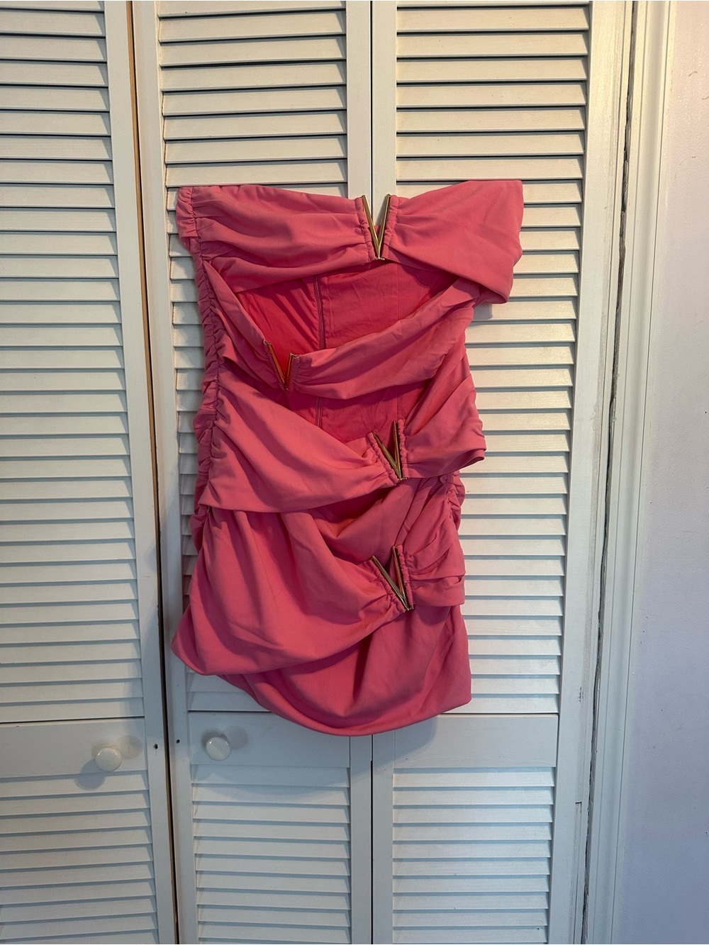 Meshki Strapless Pink Ruched Mini Dress with Gold Accents